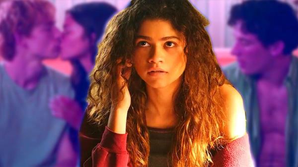 Zendaya looking up with kissing scene from Challengers in background